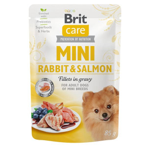 BRIT CARE DOG MINI RABBIT SALMON FILLETS konservi suņiem Trusis, lasis mērcē 85g